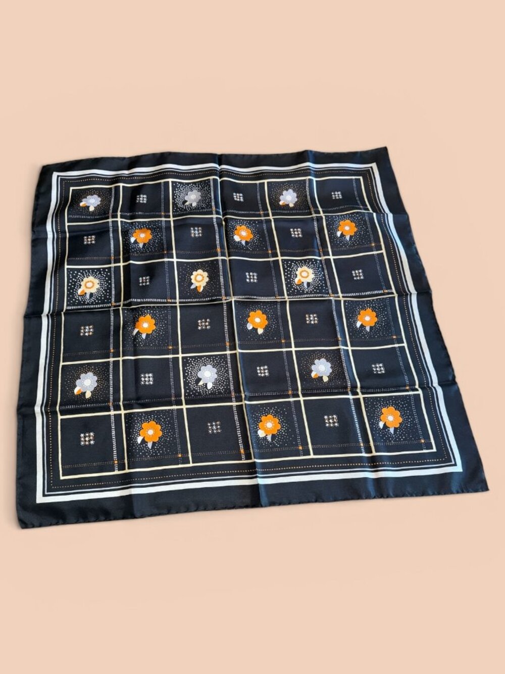 Vintage Black, Orange Flowers Square Scarf